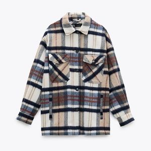 ZARA WOOL BLEND PLAID SHACKET - navy